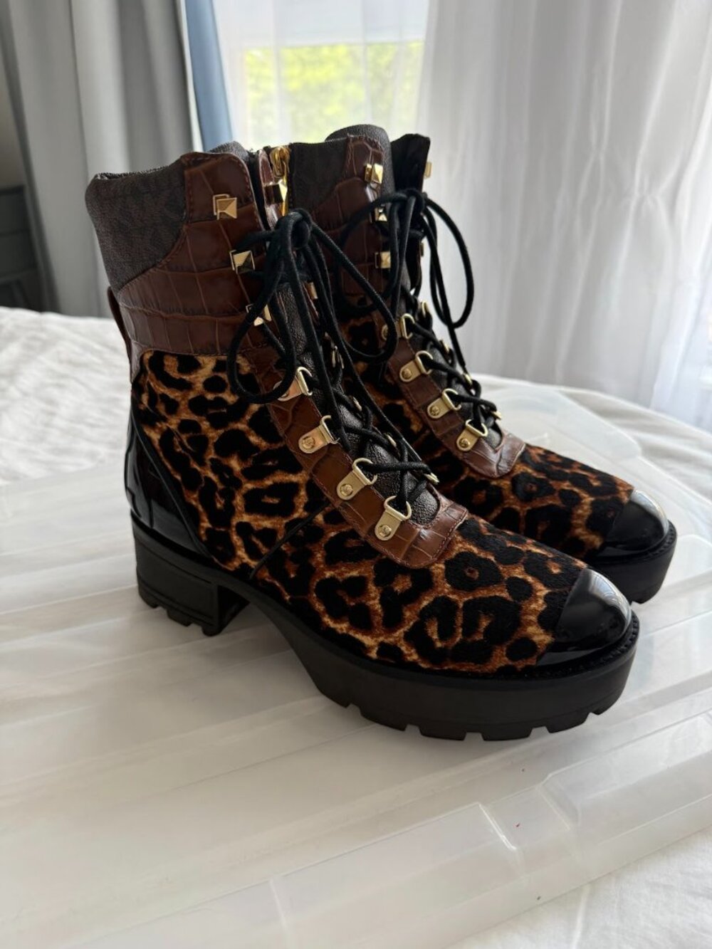 Michael Kors Khloe Mixed-Media Combat Boot – Leopard Print